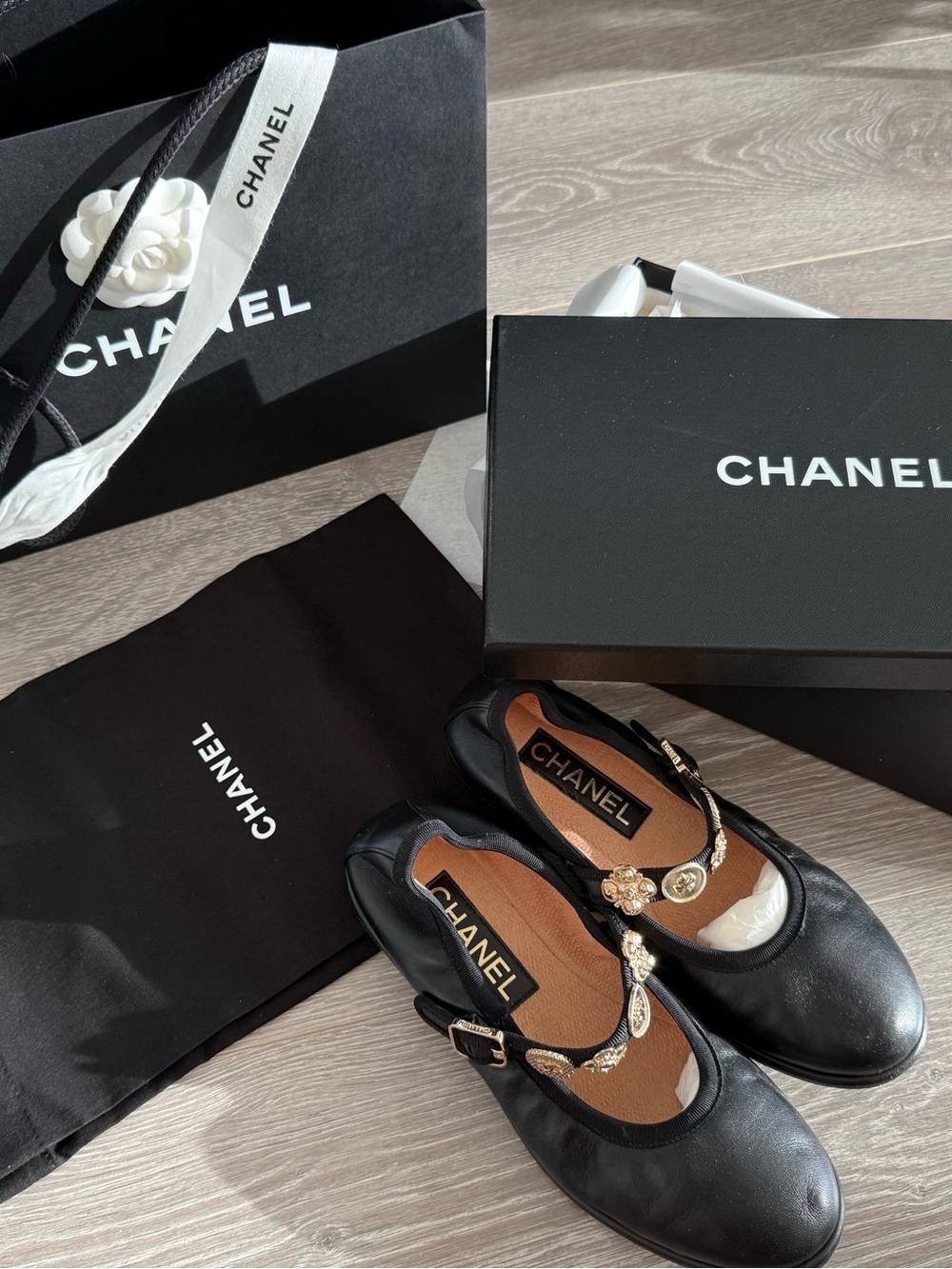 CHANEL Lambskin Charm Mary Jane Flats 37.5 Black